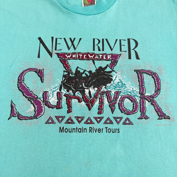 Vintage Whitewater Rafting Survivor Shirt Adult MEDIUM 90s Green New River - Picture 2 of 6